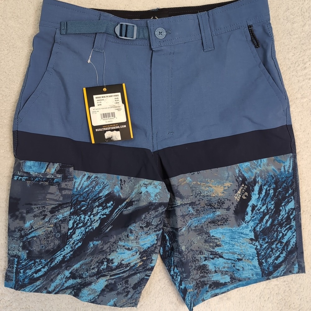 NEW Realtree Shorts Mens Sm Blue Belted Fishing‎ Quick-Dry Hybrid Mirage Freetek